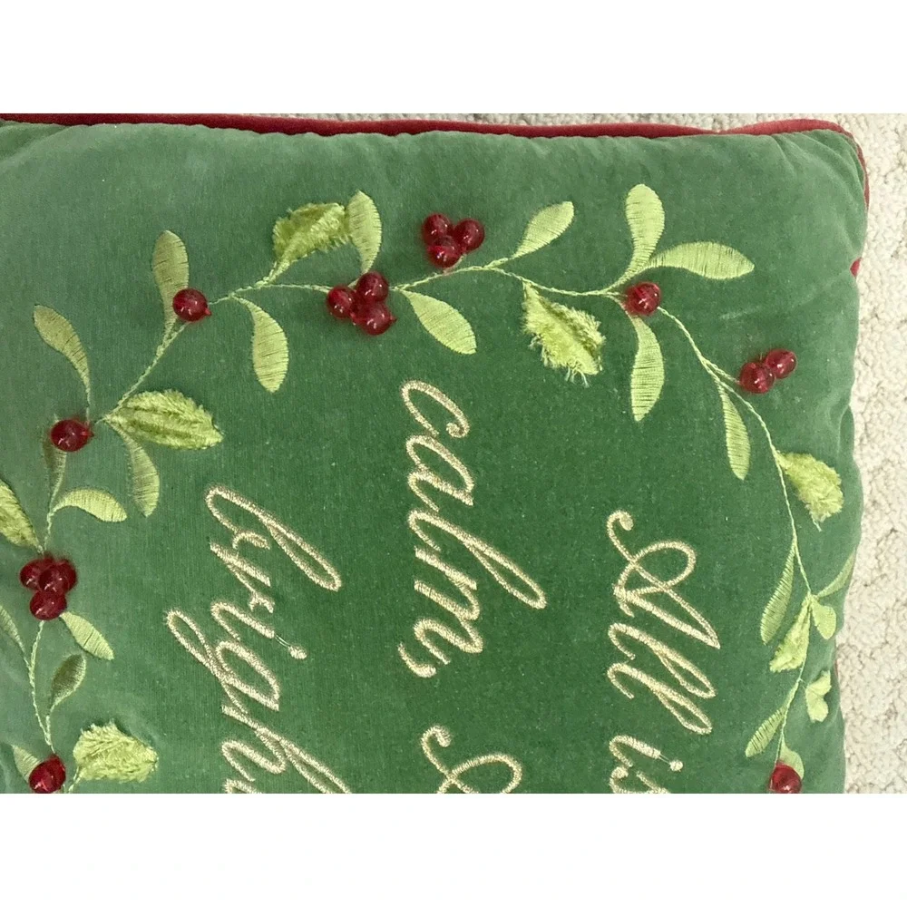 Christmas Velvet Throw Pillow All Is Calm All Is Bright Green Red Beaded 12x12